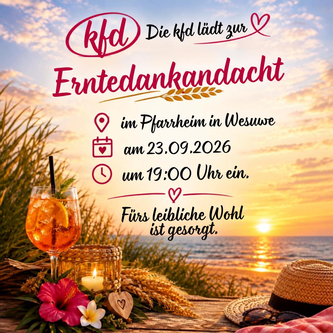 Do., 23.09.2026, 19 Uhr Erntedankandacht kfd Wesuwe