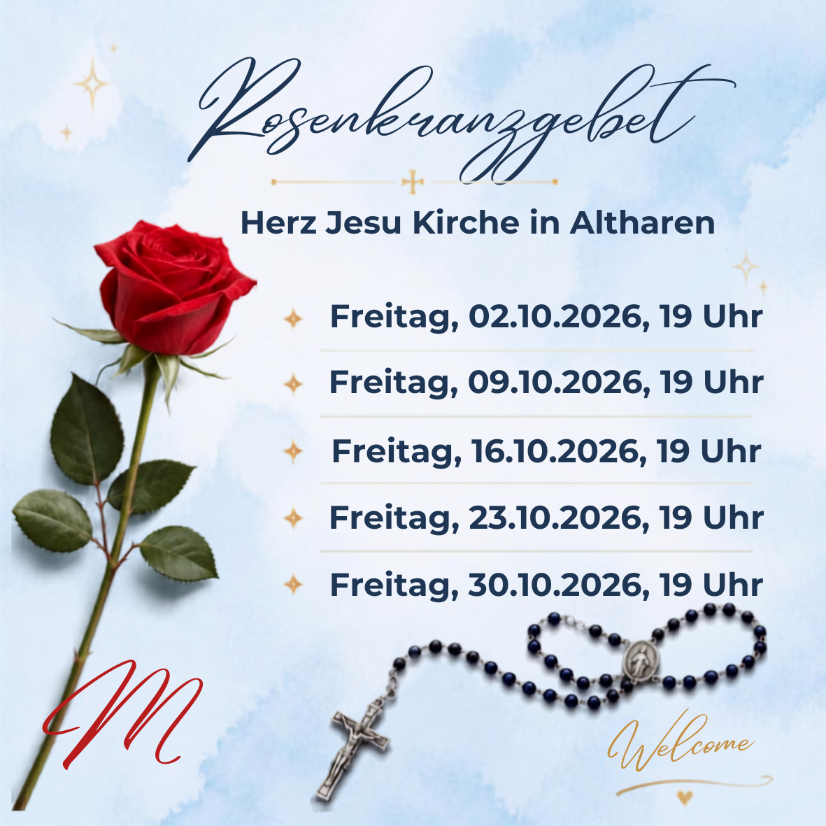 Fr., 02.10.2026, 19 Uhr Rosenkranzgebet in Herz Jesu Altharen
