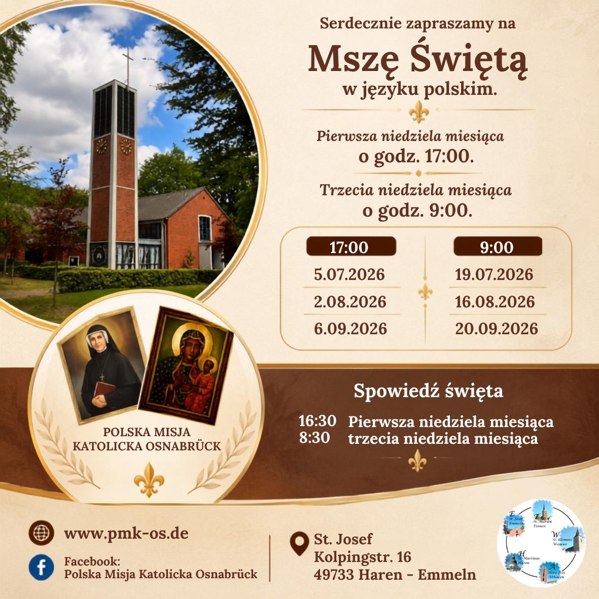 So., 06.09.2026, 17 Uhr hl. Messe in polnischer Sprache in St. Josef Emmeln