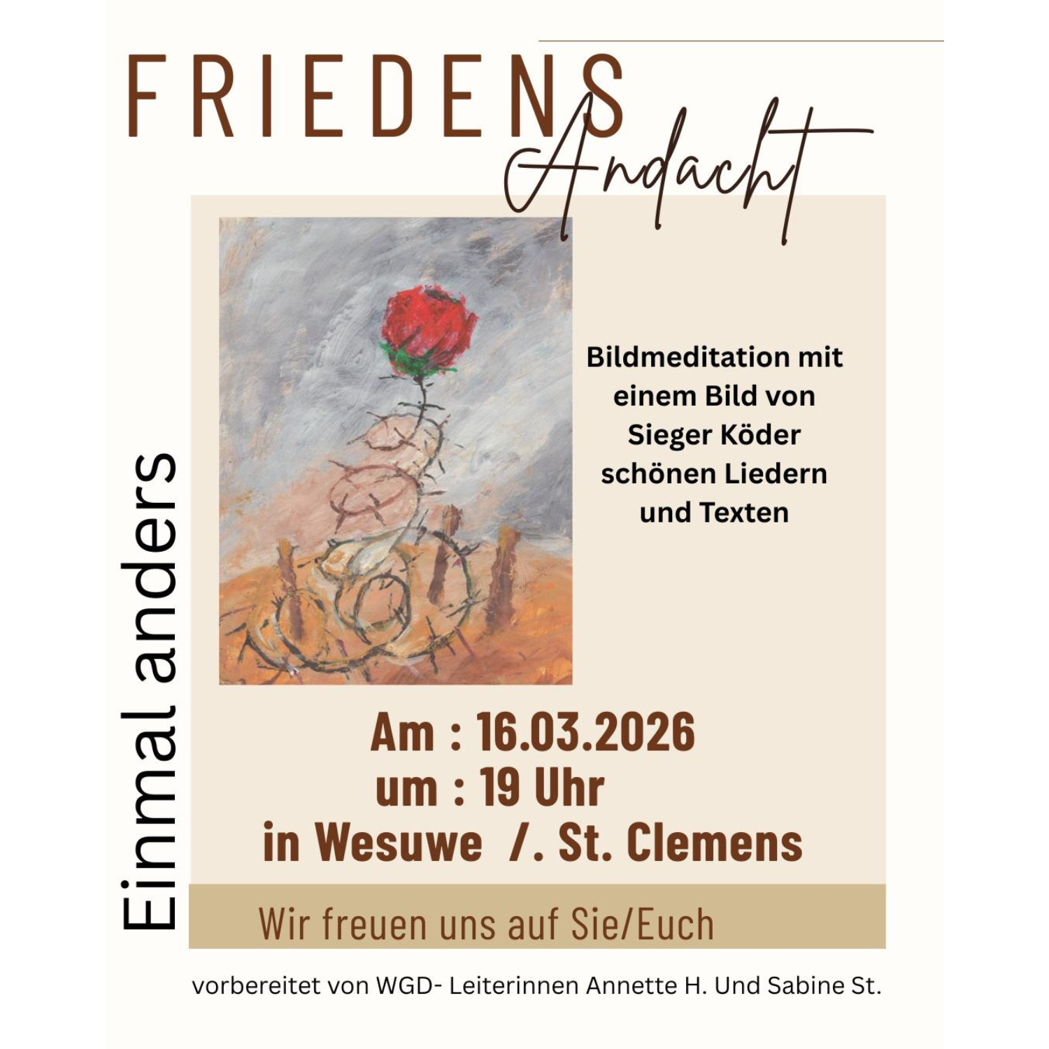 Mo., 16.03.2026, 19 Uhr ökum. Friedensgebet St. Clemens in Wesuwe