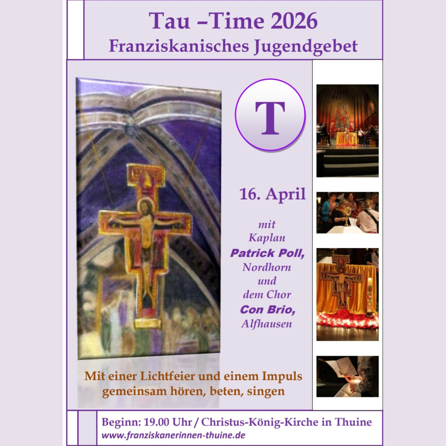 Do., 16.04.2026, 19 Uhr Tau-Time - franziskanisches Jugendgebet im Kloster in Thuine