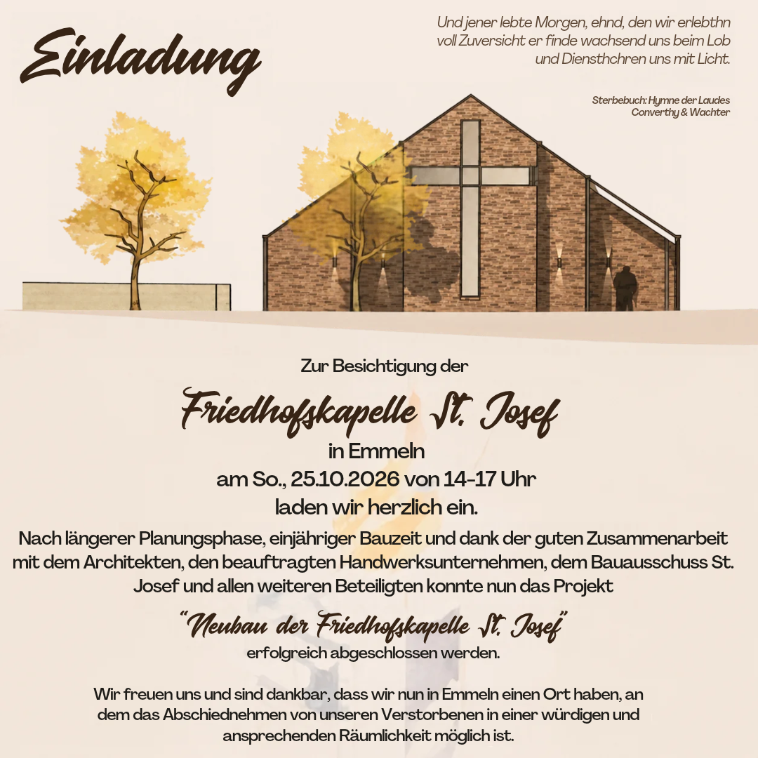 So., 25.10.2026, 14 -17 Uhr Besichtigung der Friedhofskapelle in St. Josef in Emmeln