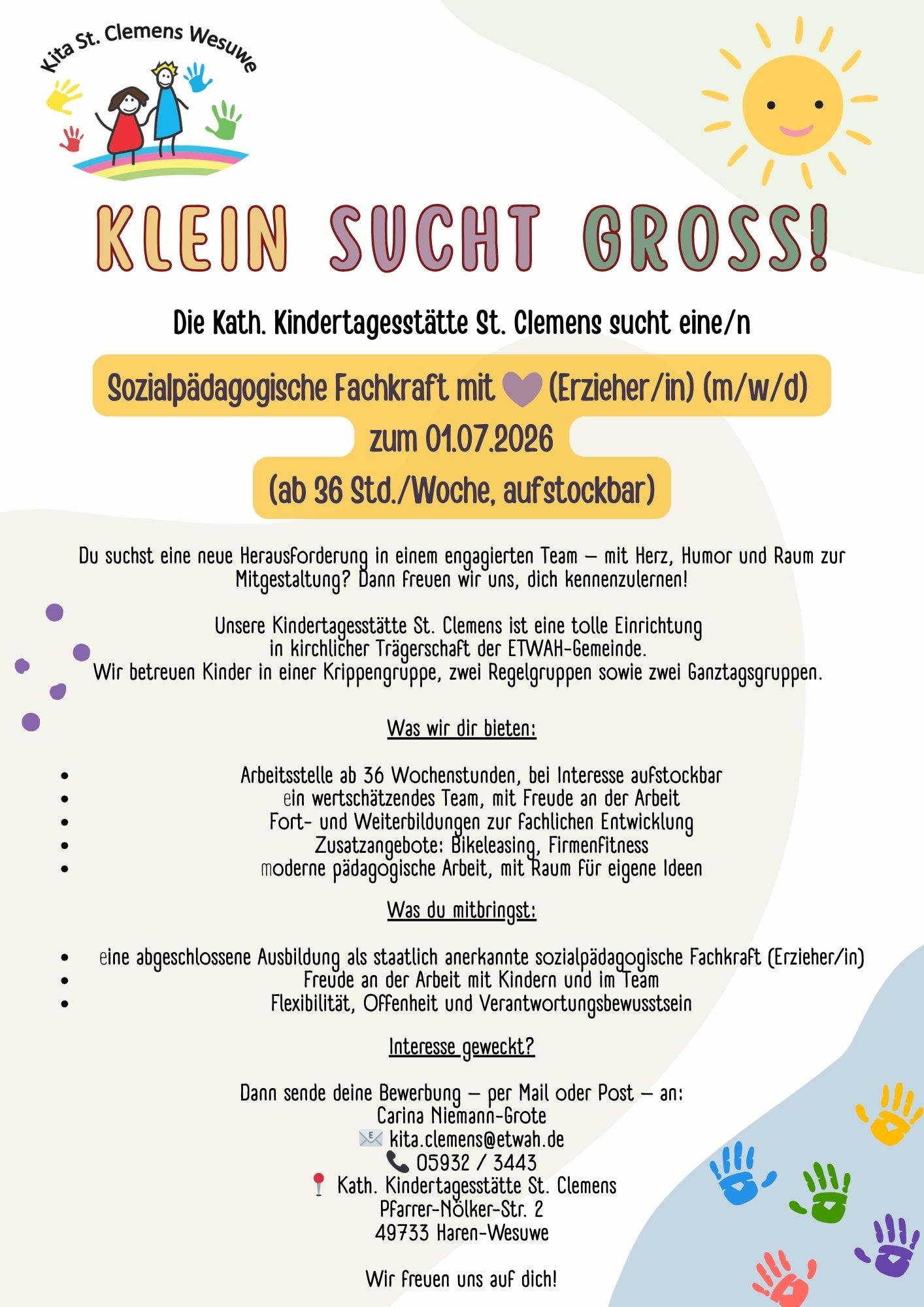 Kita Wesuwe sucht Sozialpädagogische Fachkraft zum 1.7.2026